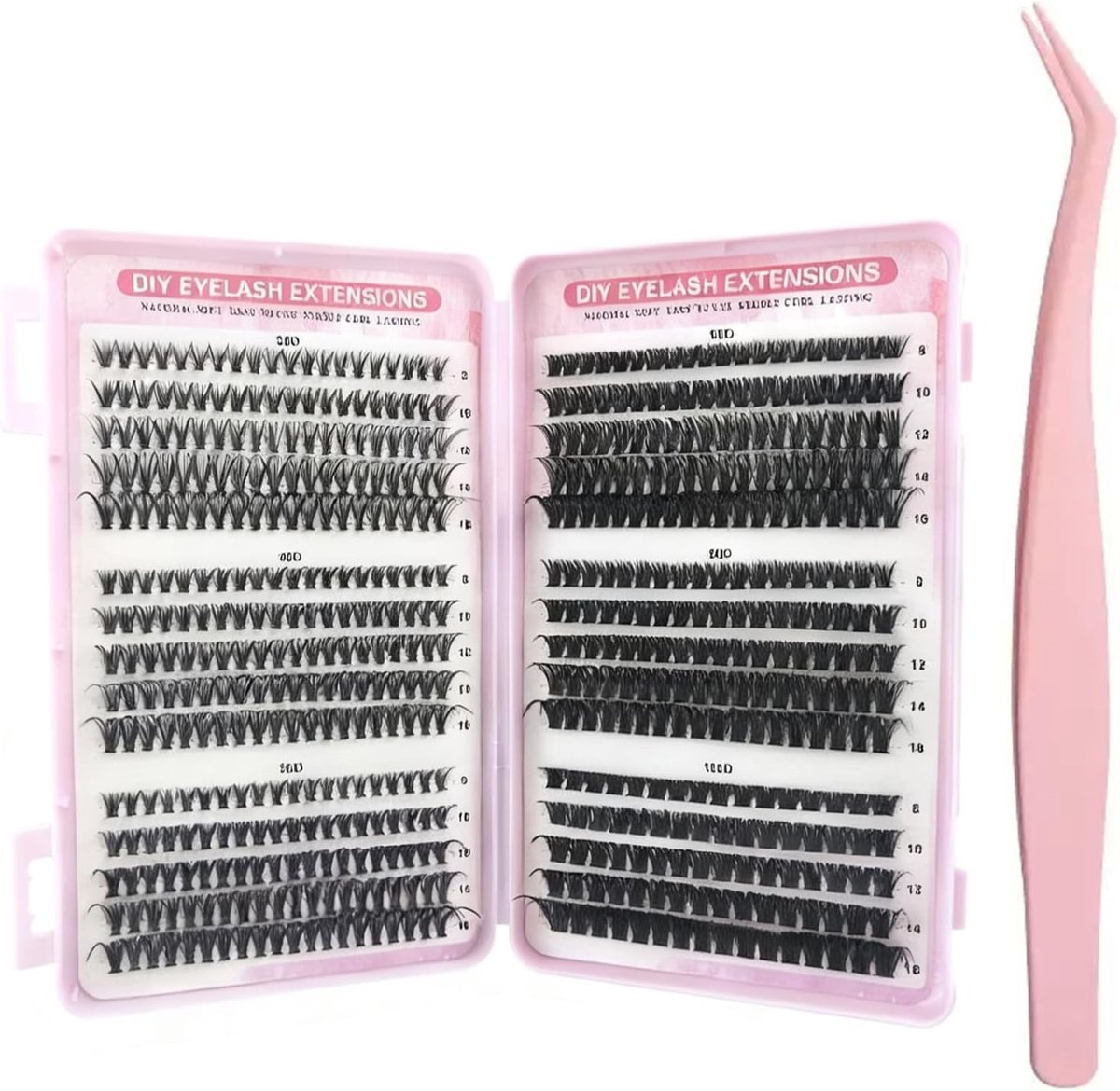 Set van Clusterwimpers met Wimperpincet - Mix van 30D/40D/50D/60D/80D/100D, 8-16 mm, Pluizige Russische Volumewimpers, Herbruikbare Krullende Wimpers voor Doe-Het-Zelf Make-up