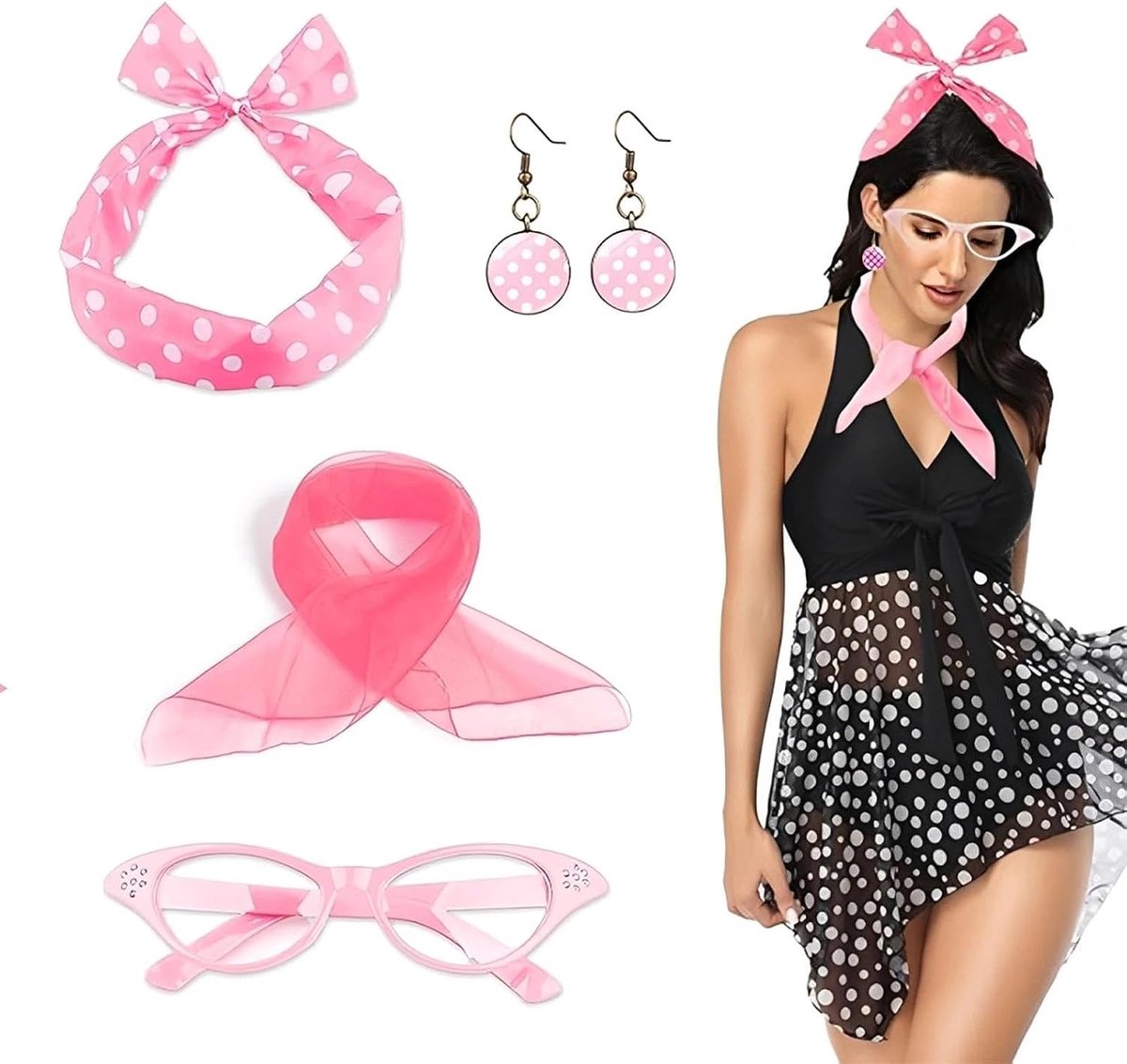 Retro 50s Kostuum Accessoires voor Vrouwen - 4-delige Set met Sjaal, Bril, Polkadot Oorbellen en Haarband voor Themafeesten en Retro Partijen