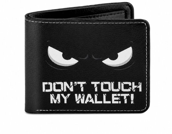 Portefeuille bifold noir avec bords cousus et un imprimé d'yeux en colère et le texte 'DON'T TOUCH MY WALLET!'.