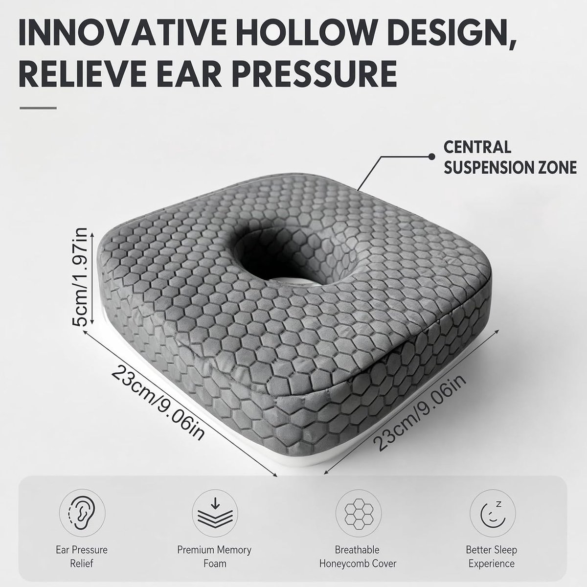 Ergonomisch Oor Kussen voor Zijslapers met Ooropening, 23 x 23 x 2 cm, Geheugenschuim Kussen voor Drukverlichting en Comfortabel Slapen, Zacht Ondersteunend Kussen voor Hoofd en Hals