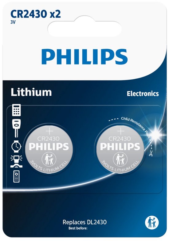 Philips CR2430 lithium knoopcel batterijen, 2 stuks in blisterverpakking, met kinderbeveiliging symbool.
