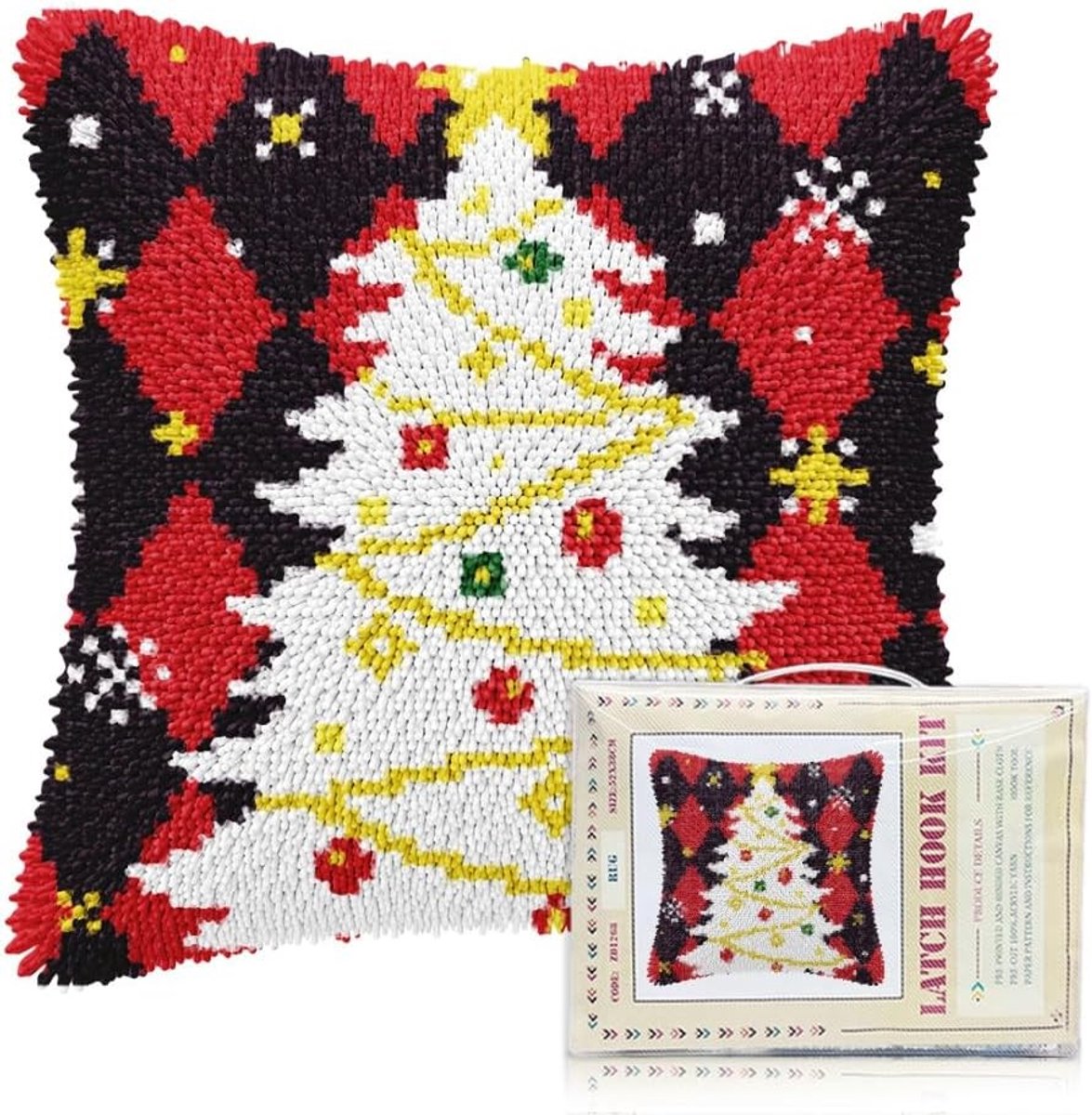 Kerst knoopkussenset om zelf te maken, handgemaakt kussen met kerstboompatroon voor thuis en bank, 17 x 17 cm, perfect voor de feestdagen en interieurdecoratie