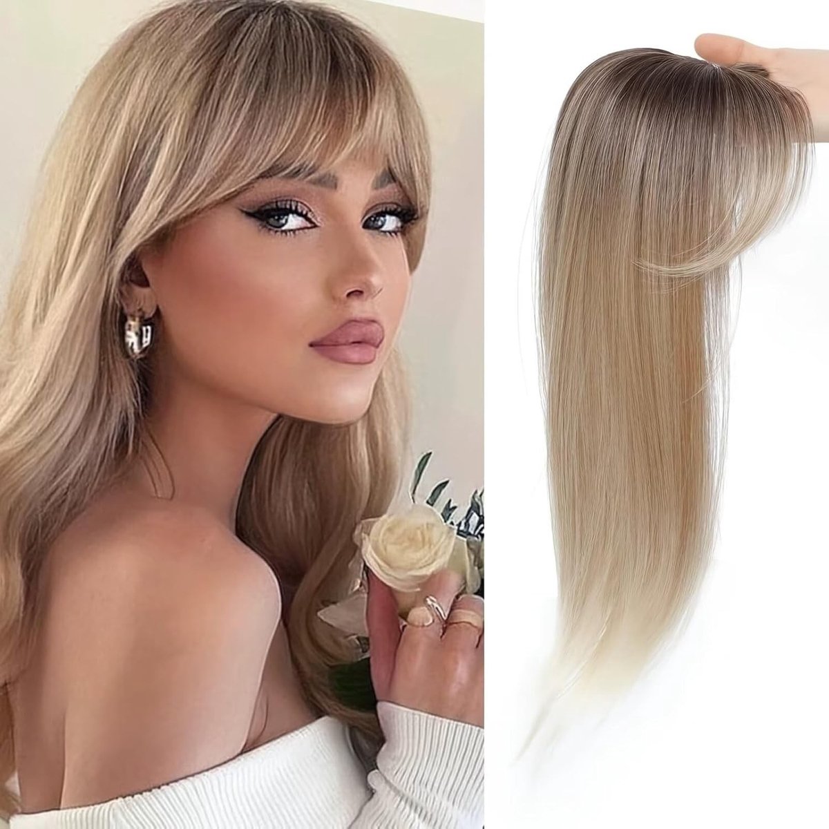 3D Haar Topper voor Vrouwen met Dun Haar - 18 Inch Clip-In Middelste Lokken in Bruin R6/27/613 voor Volumineuze Look