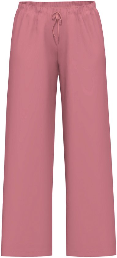 Roze pyjamabroek, wijde pijpen, elastische tailleband en trekkoord.