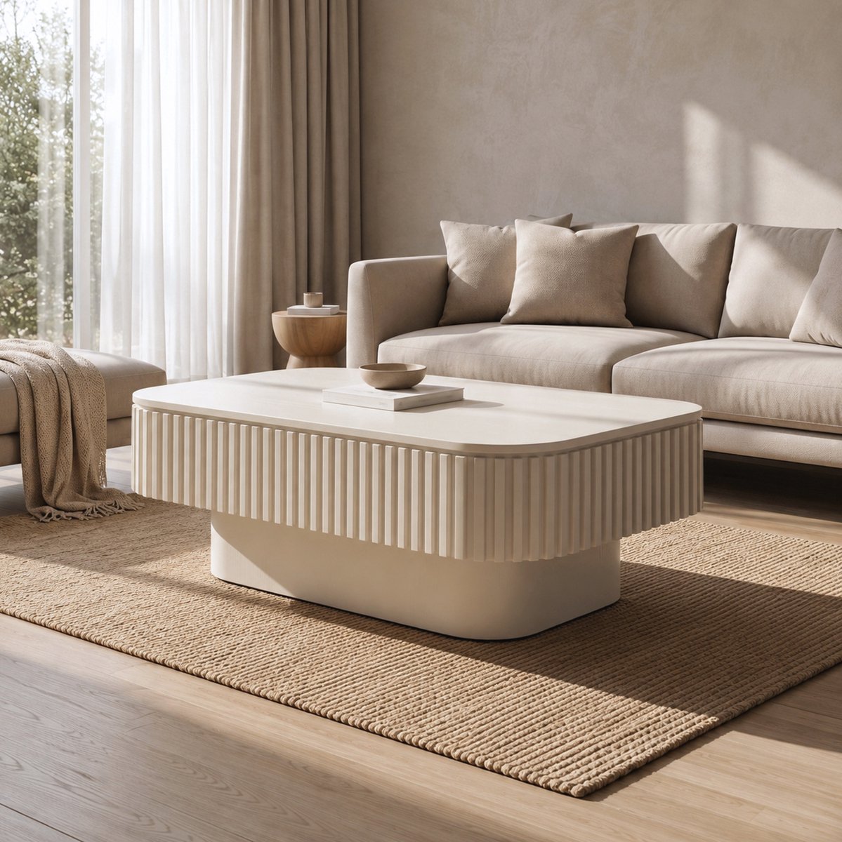 REDOM - Salontafel - Verborgen opbergruimte - Opklapbaar tafelblad met geribbelde panelen - Moderne stijl - Woonkamer - MDF en hout - Crème - 98 x 60 x 35 cm