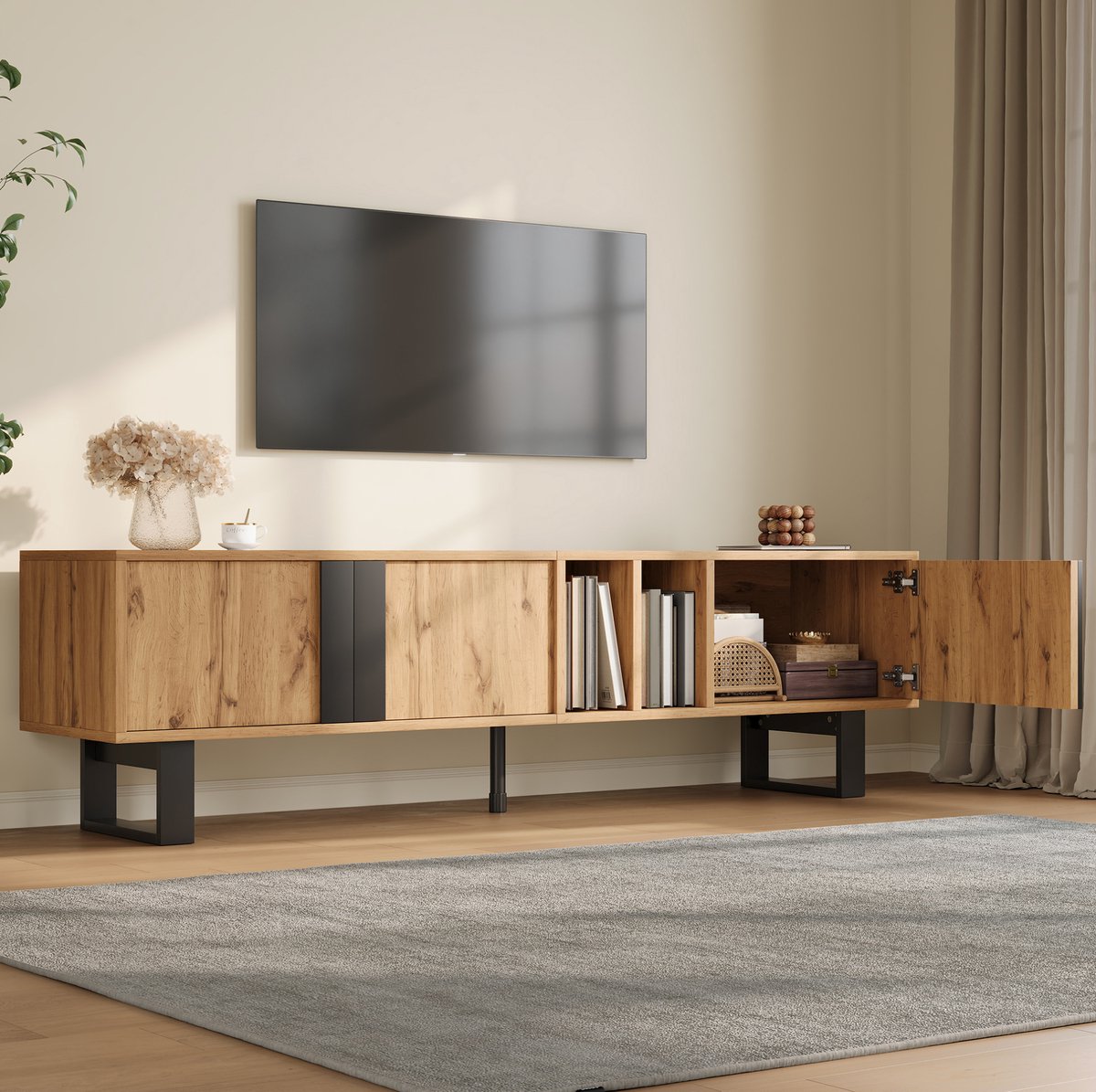 MODENUIT TV-meubel - 3 Deuren En Open Vakken Met Kabeldoorvoer - Woonkamer - Houtlook Zwart - 160x40x50 Cm