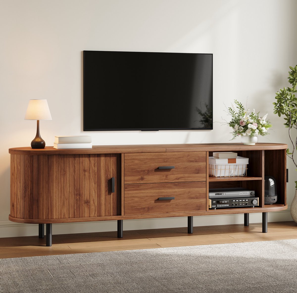MODENUIT TV Meubel - Schuifdeuren En 2 Lades - Woonkamer - MDF En Spaanplaat - Walnoot - 150x40x55 Cm