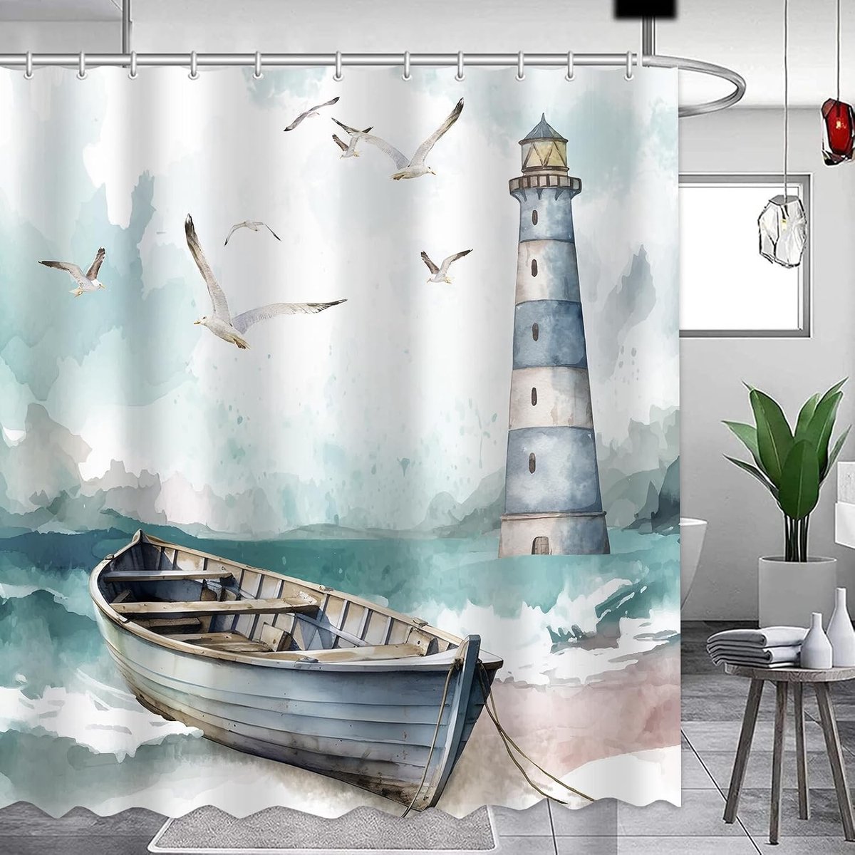 Nautisch Douchegordijn met Vuurtoren en Meeuw, Vintage Boot Thema, Inclusief 12 Haakjes, 72 x 72 Inch, Perfect voor Badkamerdecoratie