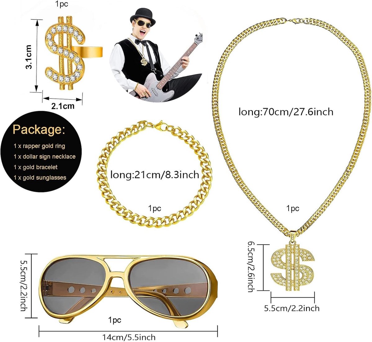 Hip Hop Kostuum Set met Gouden Dollar Ketting, Bril, Ring en Armband voor Mannen en Vrouwen, Perfect voor 80s en 90s Rapper Stijl en Feestjes