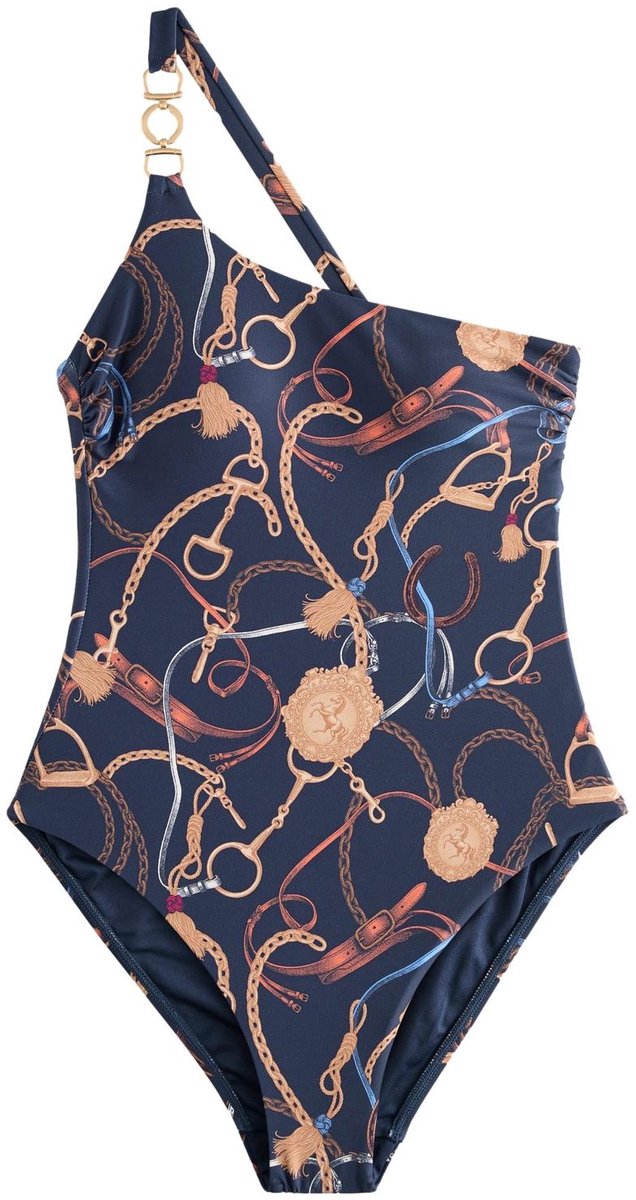 Next Dames - Badpak met één blote schouder en metalen details - Blauw Equestrian Print