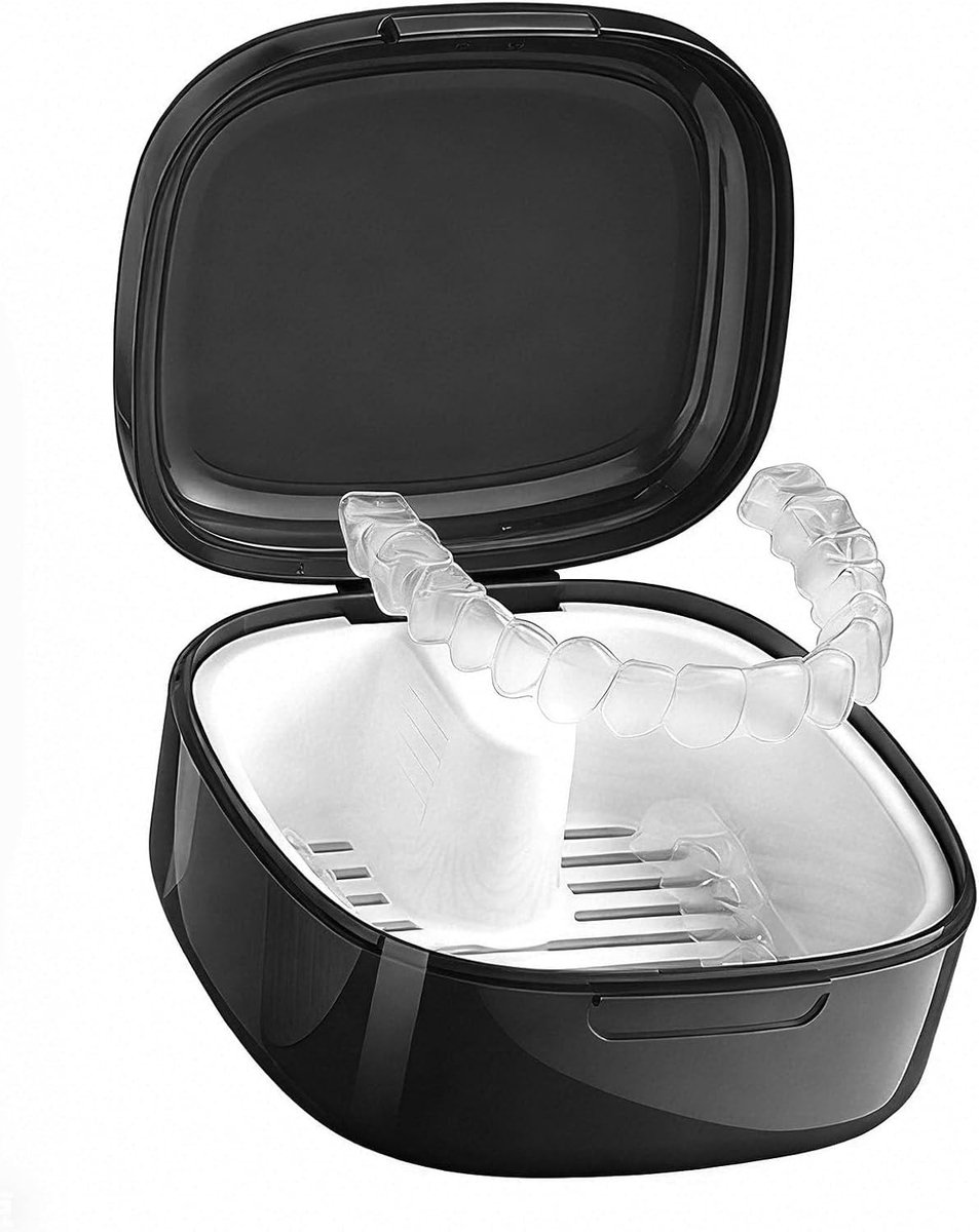 Tandbeugeldoos - Zwart - 7,8 x 7,8 x 3,8 cm - Draagbare Prothesendoos met Zeef - Voor Orthodontische Houders
