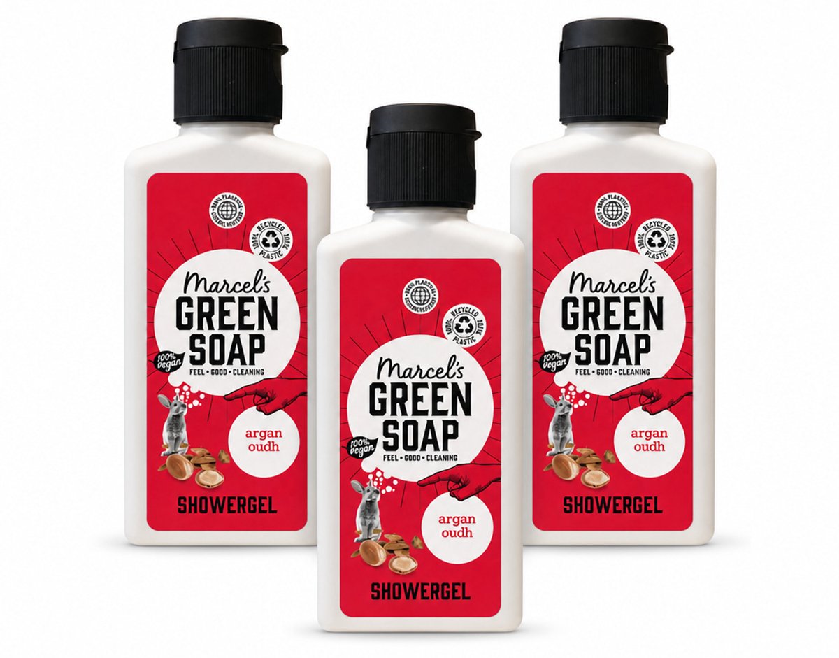 3 x Marcel's Green Soap - Douchegel - Argan & Oudh Mini - Krachtige werking - 100 ml - Voordeelverpakking - 3 stuks