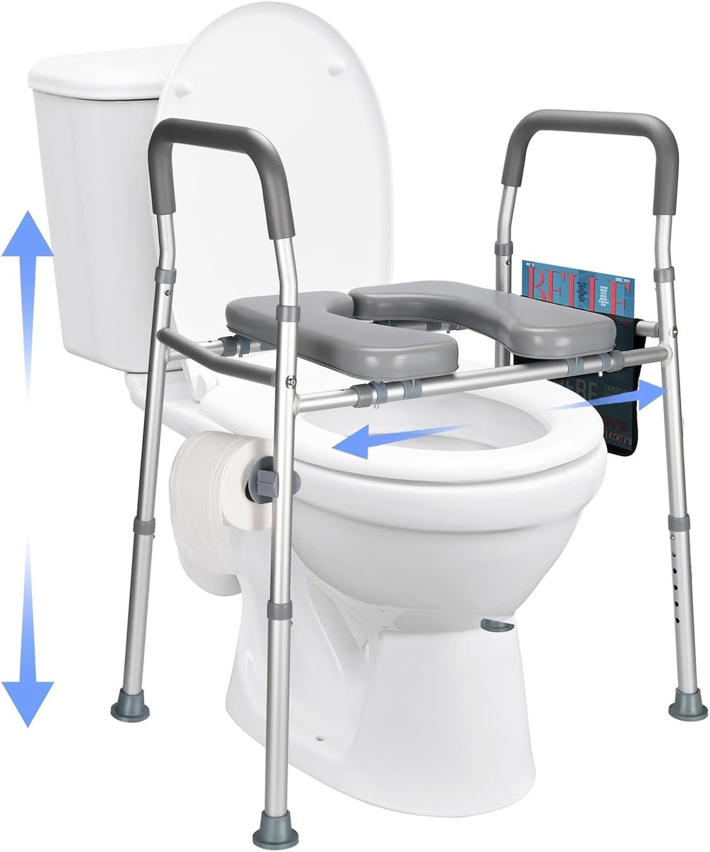 Verstelbare toiletverhoger voor ouderen en gehandicapten, hoogte 74-86 cm, breedte 50-60 cm, met armsteunen en tijdschriftenhouder, comfortabel en veilig gebruik