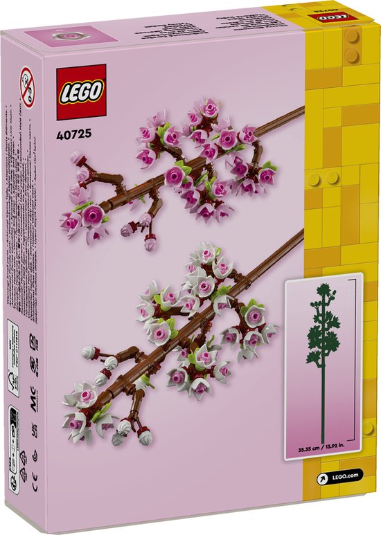 Achterkant van de LEGO 40725 Cherry Blossoms doos met roze en witte bloesemtakken.
