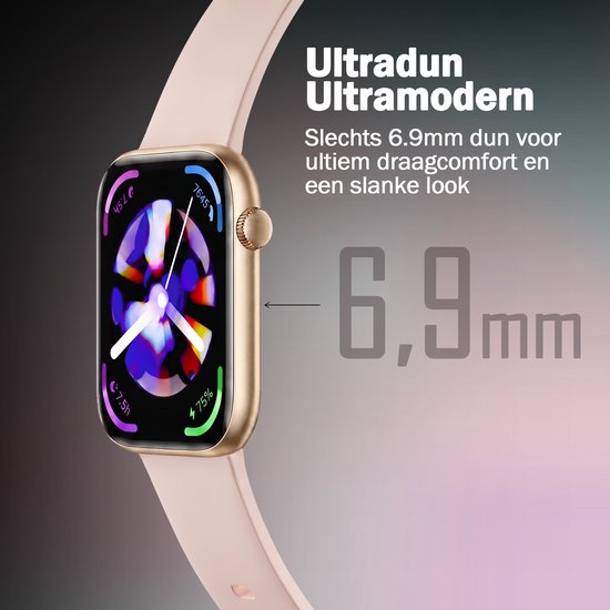 Gouden smartwatch met een dunne, roze band. De kast is 6,9 mm dun en heeft een modern, slank design.