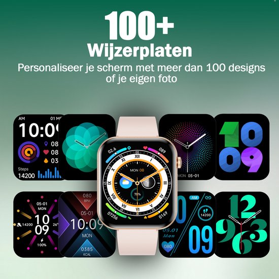 Gouden smartwatch met roze band, omringd door diverse wijzerplaten met verschillende ontwerpen.