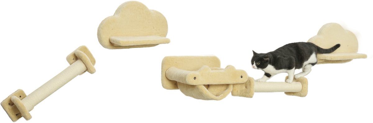 Kattentrap, 5-delige set, 2 krabstammen, 2 platforms met pluche bekleding, hangmat, beige