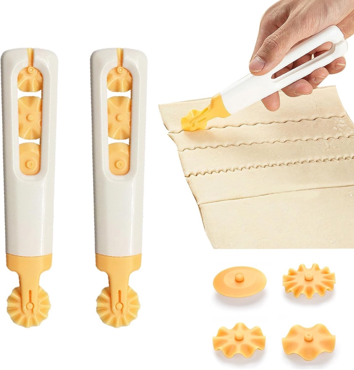 4-in-1 Deegsnijder Set met Golfsnijder en Decoratieve Roller voor Bakken, Keuken en Huishouden, Geel en Wit