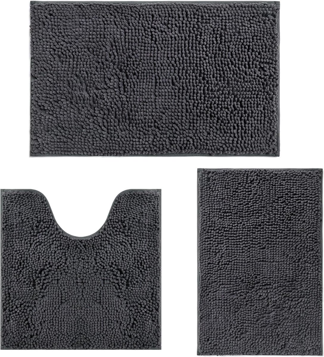 Badmat - Set van 3 - Chenille - Antislip - Machinewasbaar - Donkergrijs