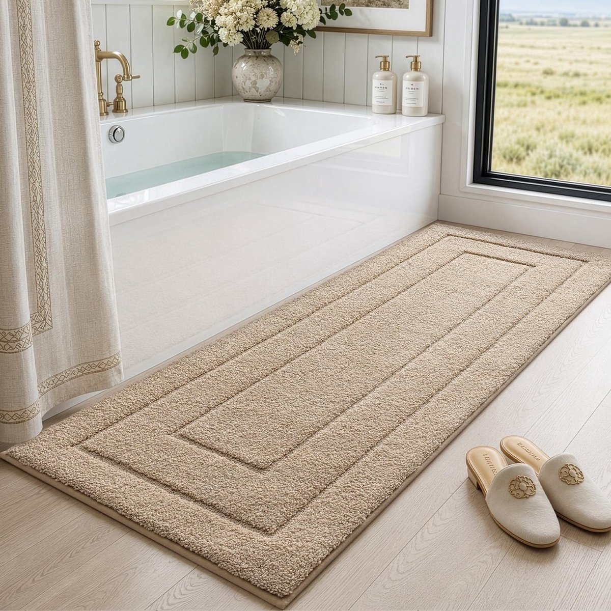 Badmat - 60 x 150 cm - Microvezel - Antislip - Machinewasbaar - Beige