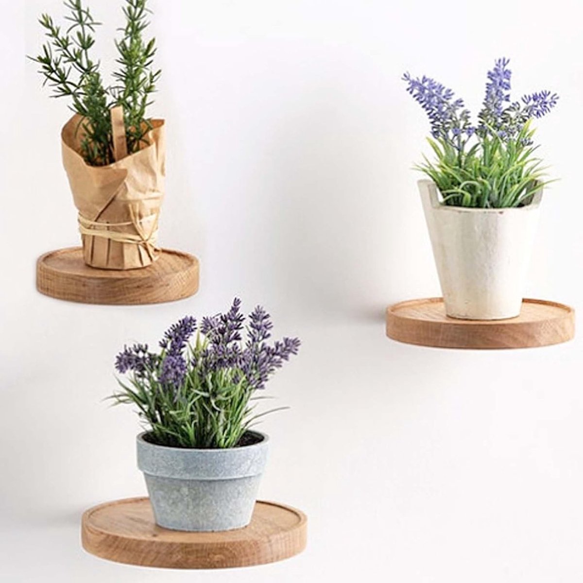 Set van 3 Houten Wandplanken met Diameter van 15 cm voor Planten, Bloempotten en Decoratie