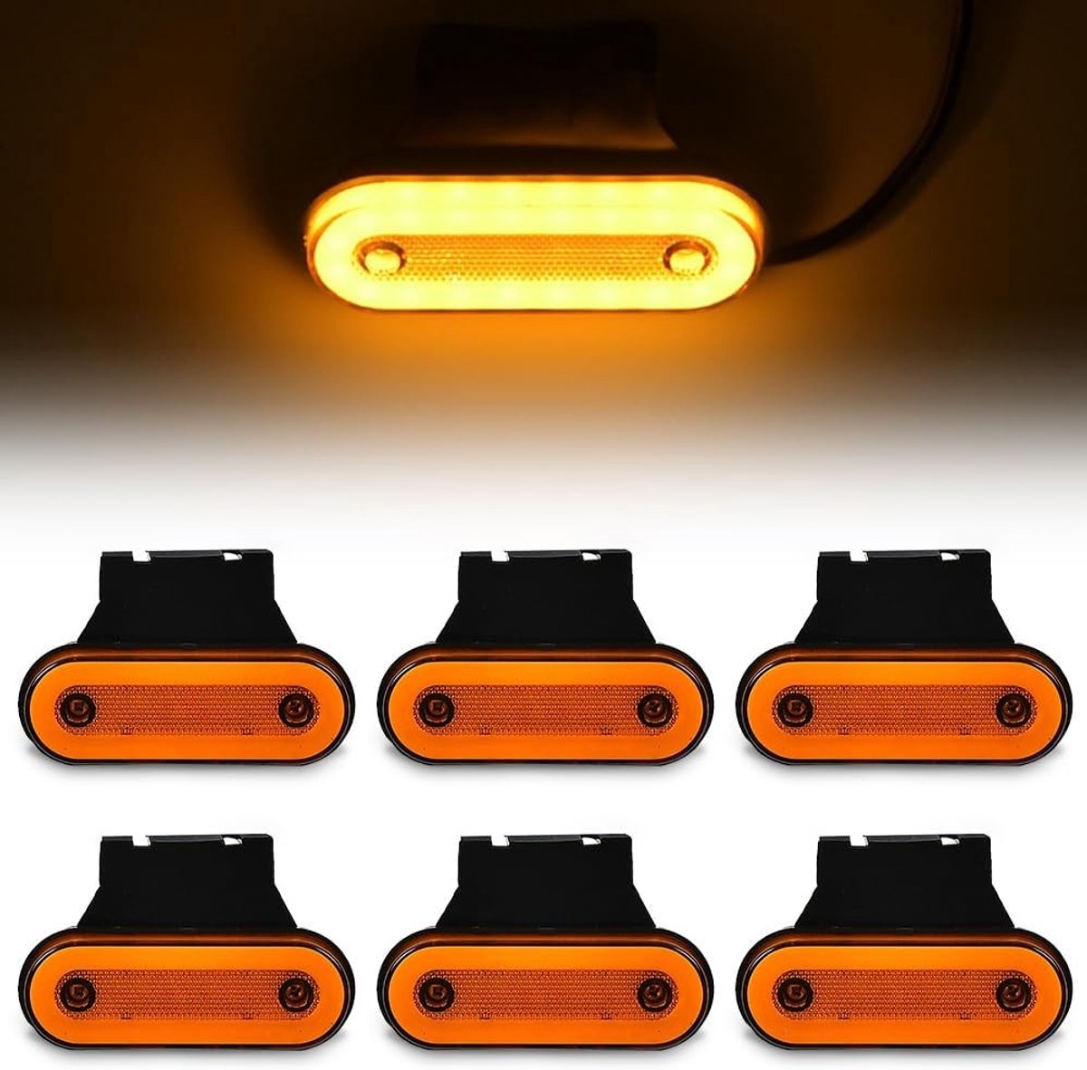 Zijverlichting LED 12V 24V, 6 stuks, 115mm lang en 75mm hoog, altijd helder met houder voor vrachtwagen, auto en aanhangwagen (geel)