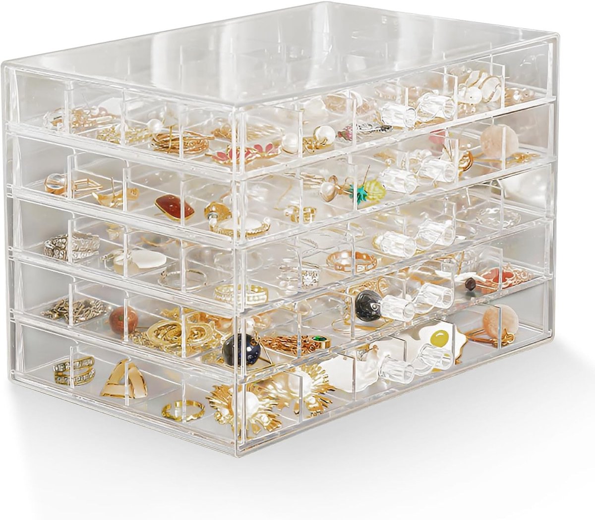 Transparante Opbergdoos voor Sieraden met 5 Lades, Earring Display Case met 120 Compartimenten voor Oorbellen, Armbanden en Ringen