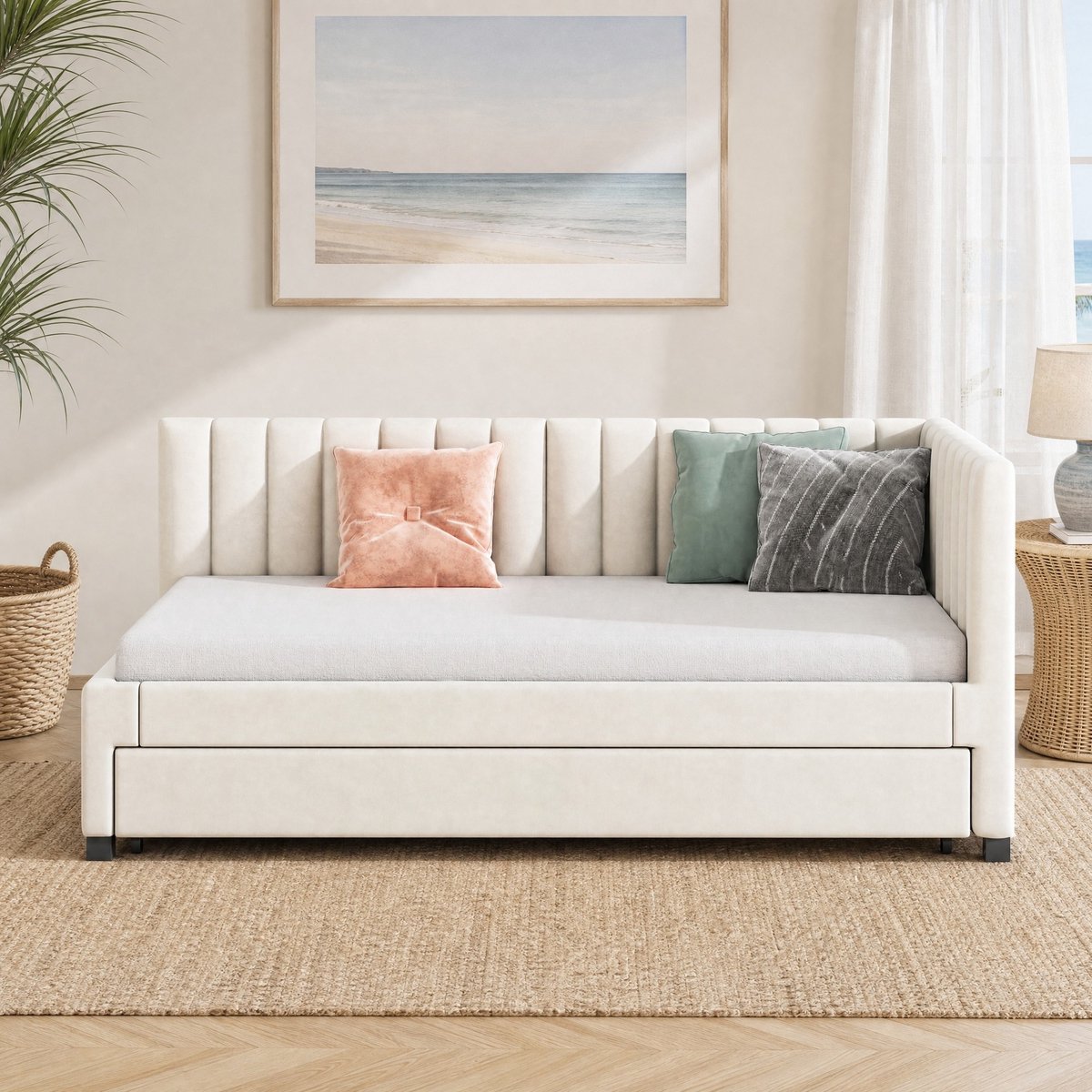 COVREO Slaapbank met uitschuifbed – Bedbank met lattenbodem – voor slaapkamer en logeerkamer – 209,5x97 cm – Beige - zonder matras