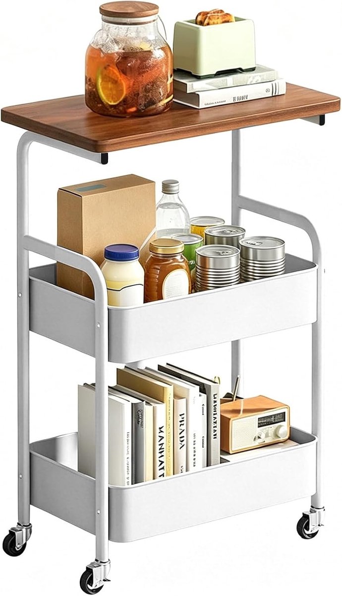3-laagse Metalen Trolley met Houten Plank en Pinbord - Stabiele Keukenwagen met Wielen en Rem, Ideaal voor Kantoor, Badkamer en Knutselprojecten, Zwart