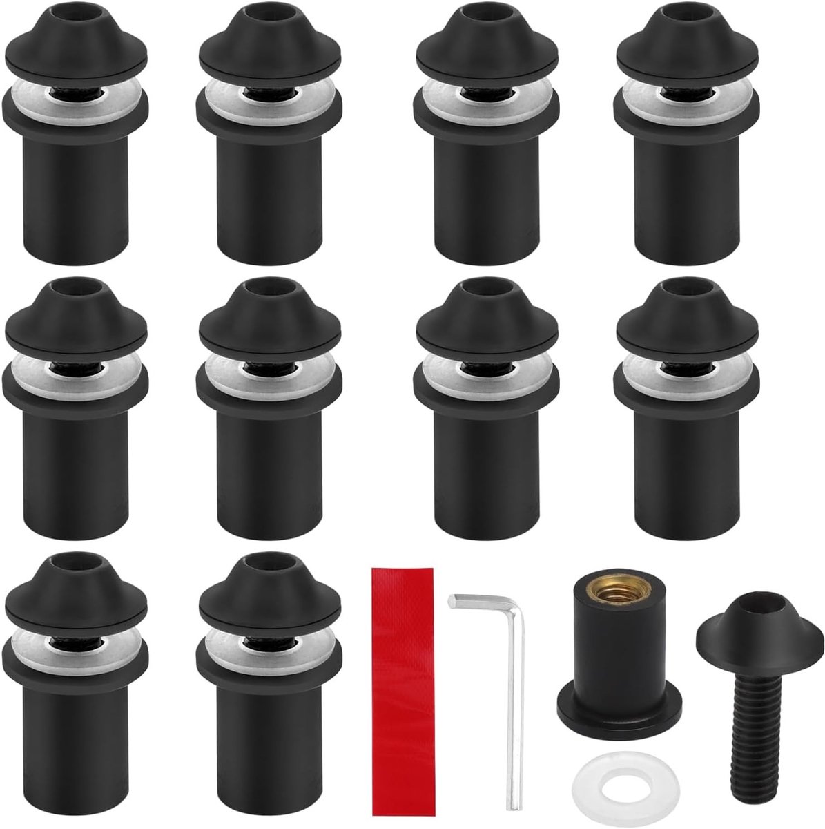 Set van 10 Zwarte M5×16mm Aluminium Bevestigingsschroeven voor Motorruit met Rode Reflectoren, Ondersteuning en Fixatie