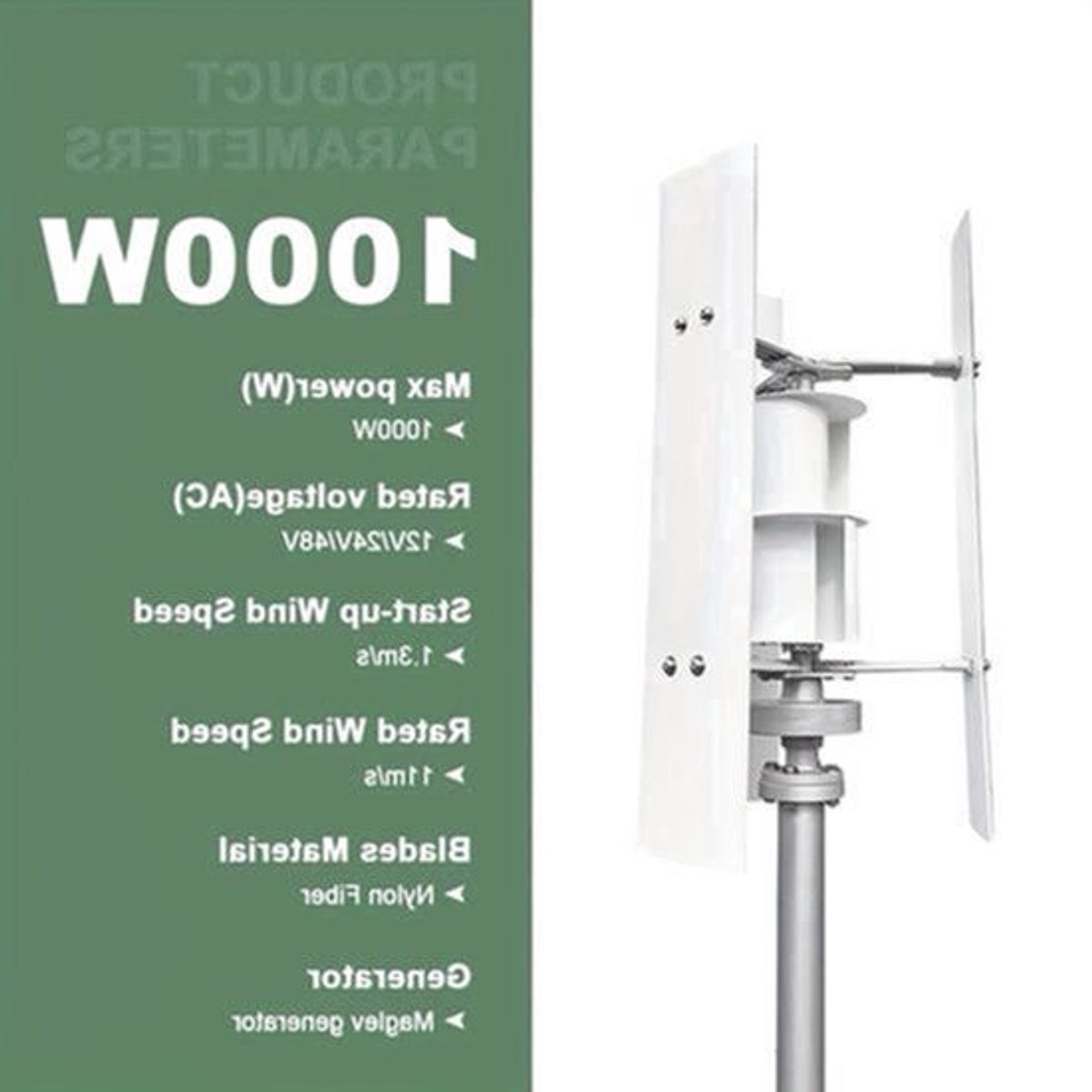 Windturbine – Windgenerator – Windmolen – Energieopwekker – 1000W – Fluisterstil – Dubbele Binnenluchtkamers – Werkt Bij Lage Wind