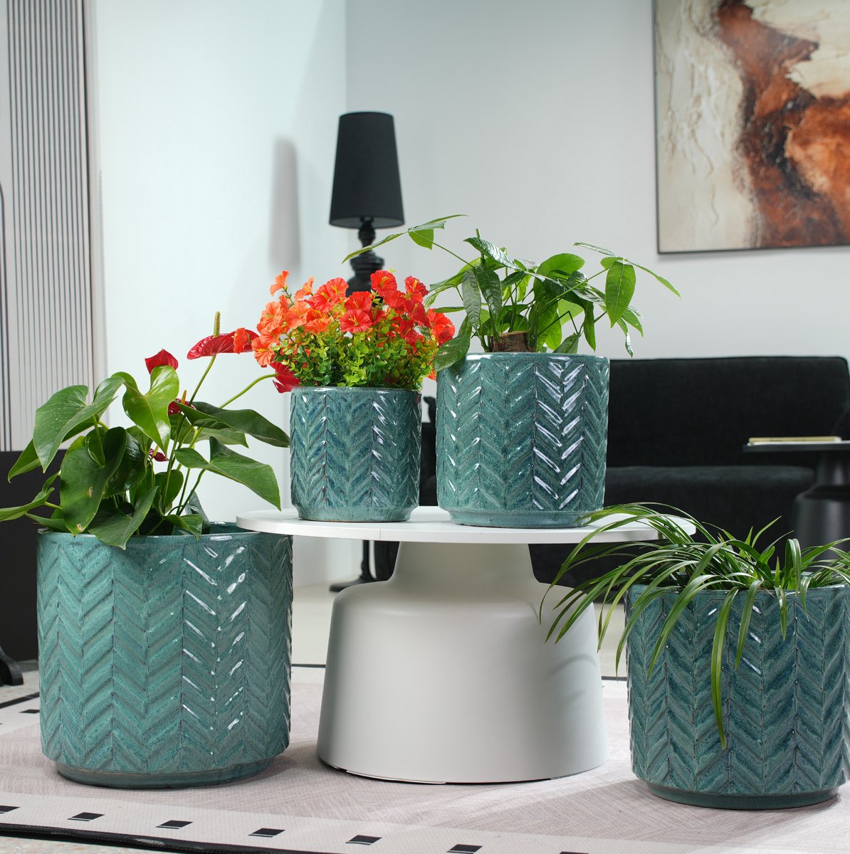 Bloempot Met Afwateringsgat - Rond 24,5 Cm - Keramiek - Aqua Blauw - Voor Sukkulenten En Vensterbankplanten - Visgraatreliëf