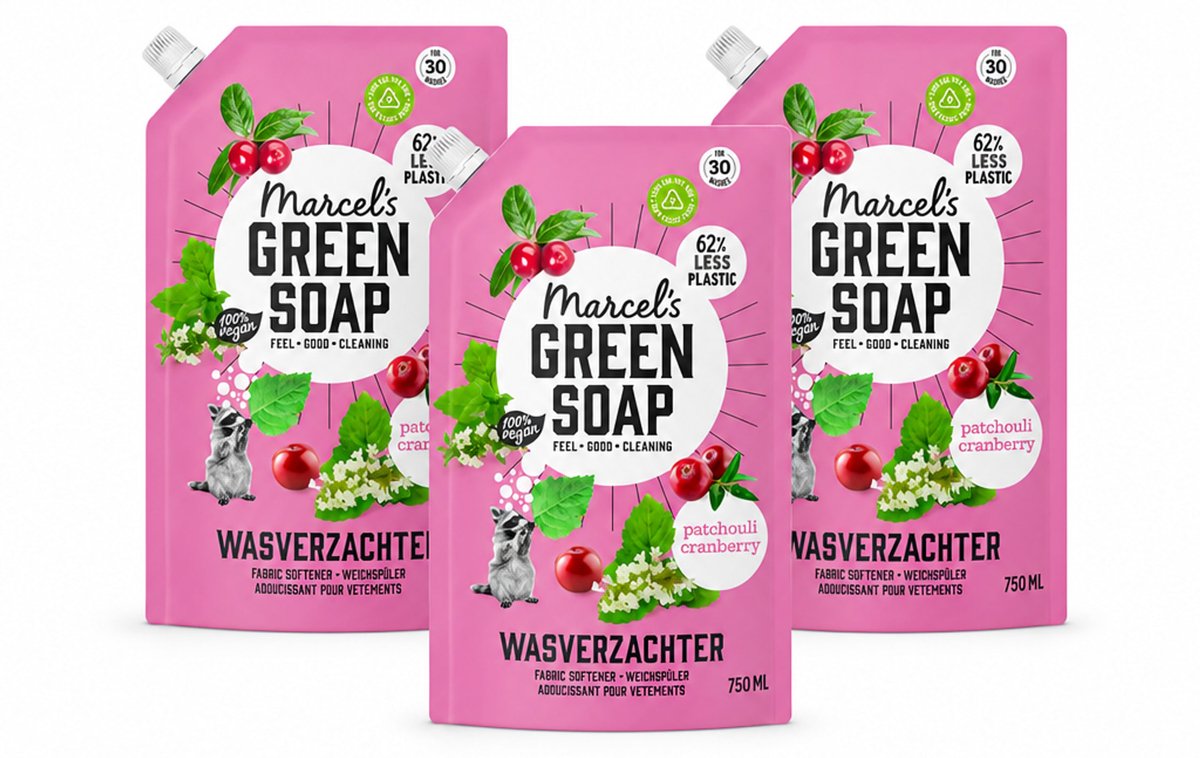 3 x Marcel’s Green Soap – Wasverzachter – Patchouli & Cranberry - Navulling – 750 ml - Bulkverpakking - 3 stuks