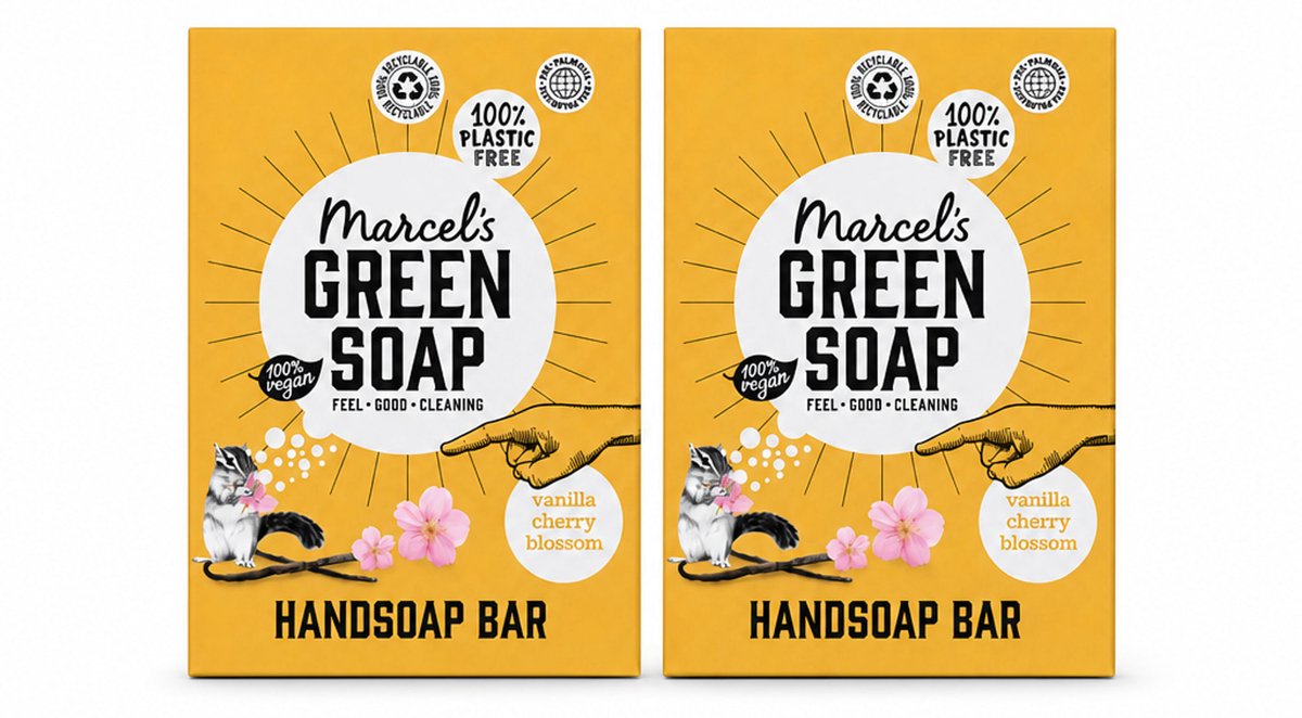 2 x Marcel's Green Soap - Handzeep Bar - Vanille & Cherry Blossom - Krachtige werking - 90 gr - Voordeelverpakking - 2 stuks