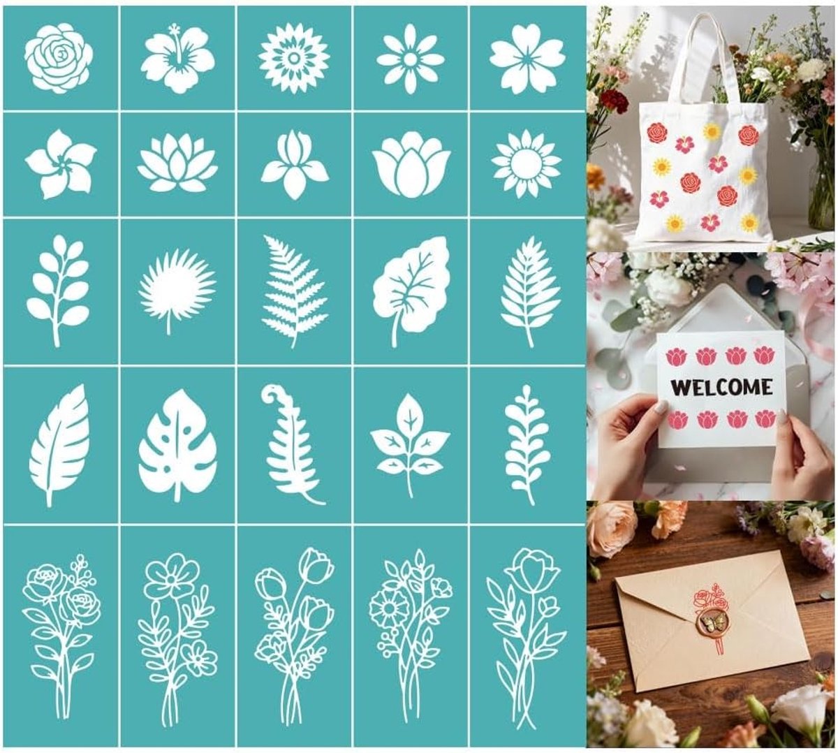 Zeefdruksjablonen met bloemen en bladmotieven voor muurdecoratie, herbruikbare zelfklevende sjablonen met lotus, zonnebloemen en rozen