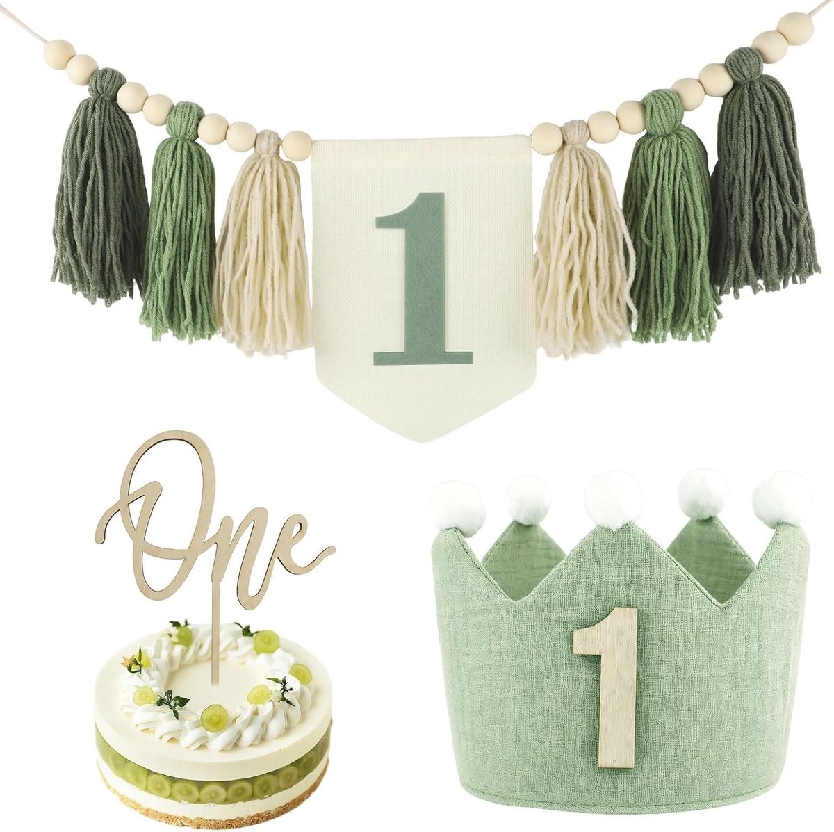 1e verjaardag kinderstoel decoratieset met kwastjes, feesthoed en houten taarttopper voor jongens en meisjes - Perfecte versiering voor een eerste verjaardagsfeest!