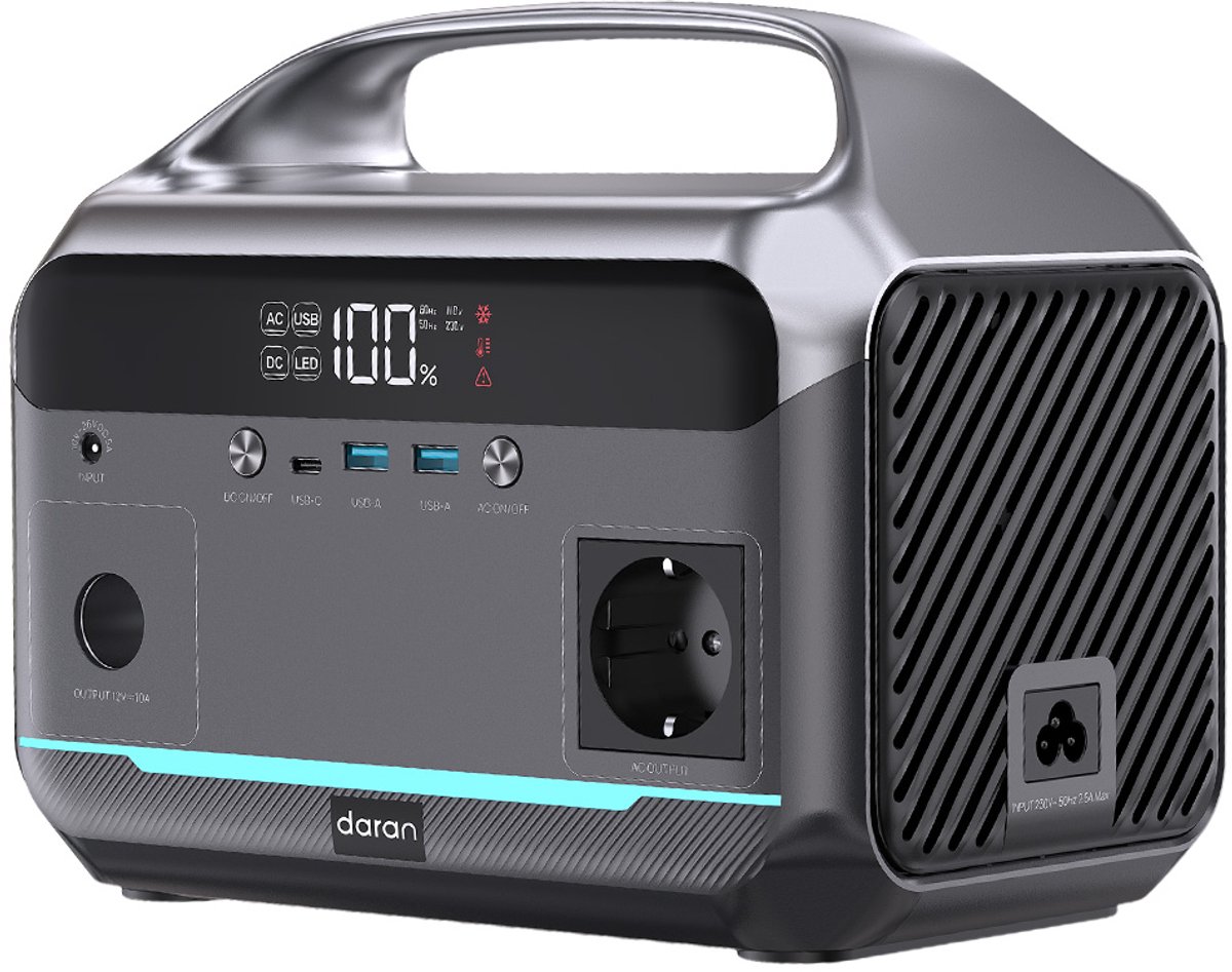 DaranEner NEO300L draagbare powerstation, 288Wh LiFePO4-batterij, 350W zuivere sinusgolf wisselstroomuitgang, 600W piekvermogen, 100W zonne-energie-ingang, 60W USB-C PD, dubbele 18W USB-A, 120W autostopcontact, MPPT, BMS, UPS