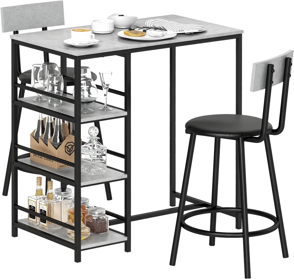 Bartafelset met 2 barkrukken en opbergplanken voor eetkamer of keuken - grijs en zwart