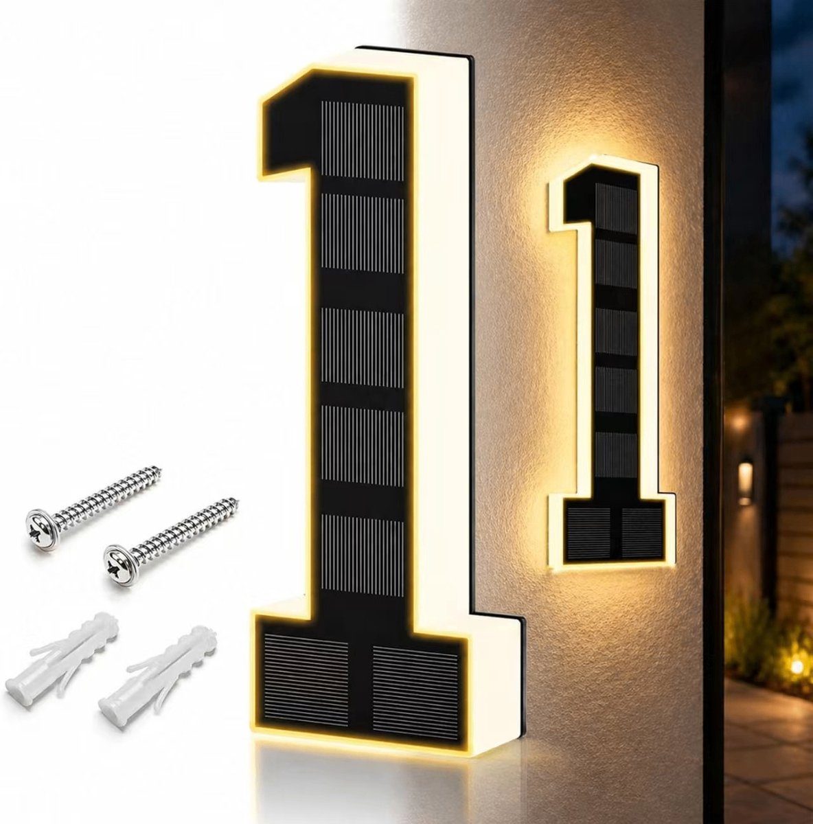 Buitenhuisnummerbord op zonne-energie, 6,7 inch verlichte huisnummers en letters, LED-verlicht adresbord, werkt op zonne-energie, IP44 waterdicht, automatische schemerschakelaar, Geschikt voor woningen, terrassen, schuttingen, garages (nummer 1)