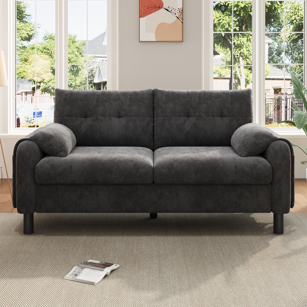 Moderne 2-Zits Bank, Comfortabele Gestoffeerde Bank Van Chenille Stof Met Dikke Kussens, Gezellige Bank Voor Woonkamer, Slaapkamer, Klein Appartement, Gestoffeerd Meubel In Scandinavisch Ontwerp, Grijs