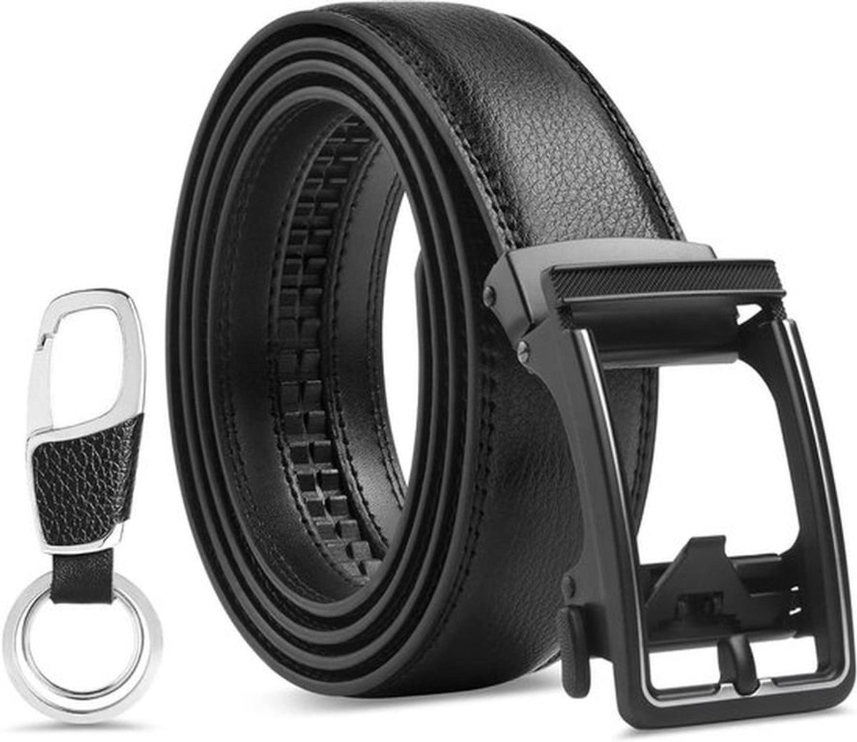 Heren riem ratel automatische sluiting lederen riem 130 cm business jeans zwart met sleutelhanger en geschenkdoos.