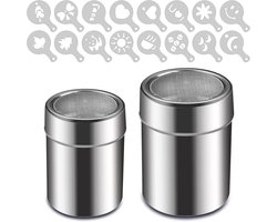 Poedersuiker en Cacaoshaker Set, 2 RVS Shakers met 16 Latte Art Templates, Fijn Bloemfilter en Deksel voor Poedersuiker, Cacao, Kaneel, Bakken en Koken, Vaatwasserbestendig