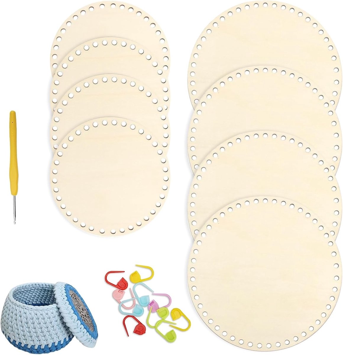 Set van 8 Haakmand Bodems - 4x Ø10cm en 4x Ø15cm - Houten Bodems voor DIY Projecten met Haaknaald en Marker Clips