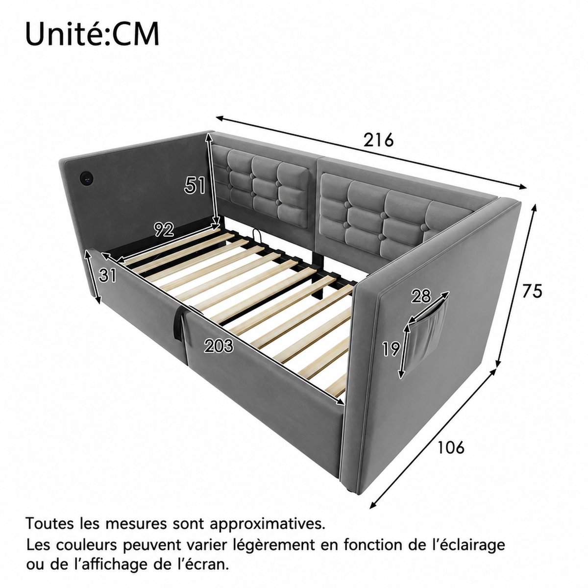 WUVRIE Slaapbank 90x200 cm met hydraulische opbergruimte, USB- en Type-C laadstation, grijs