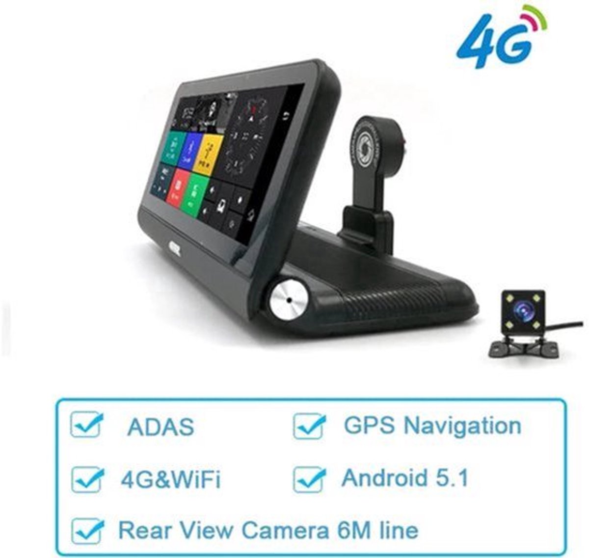 Dashcam voor Auto - 7.84" 4G Android Dashcam – GPS Navigatie, 1080P Full HD, Achteruitrijcamera, Dual Lens, ADAS Rijhulp, WiFi, Bluetooth, Parkeermodus, Loop Recording - Zwart