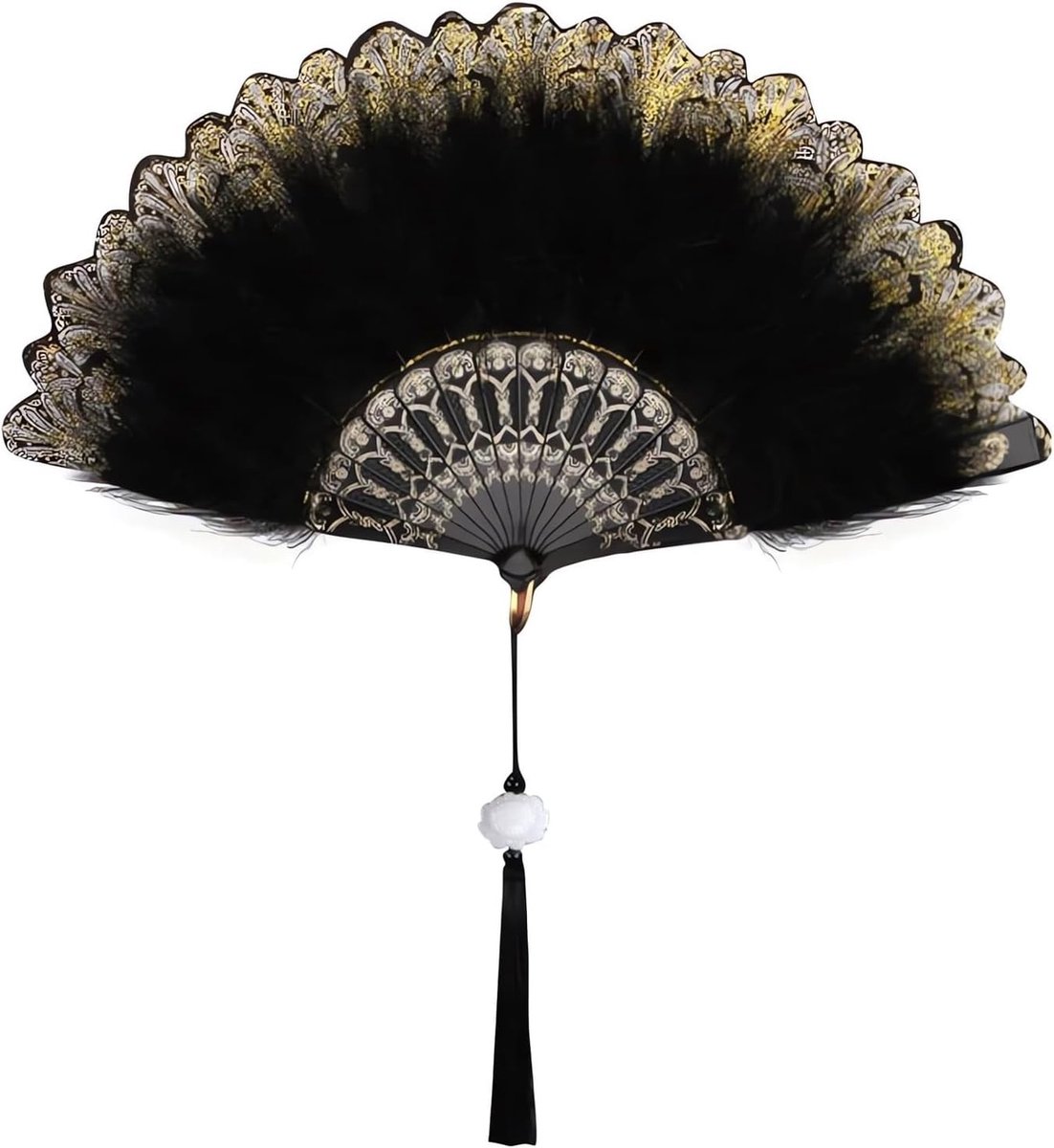 Vintage 1920s Hand Fan in Zwart met Veertjes voor Halloween Kostuum en Feestdecoratie