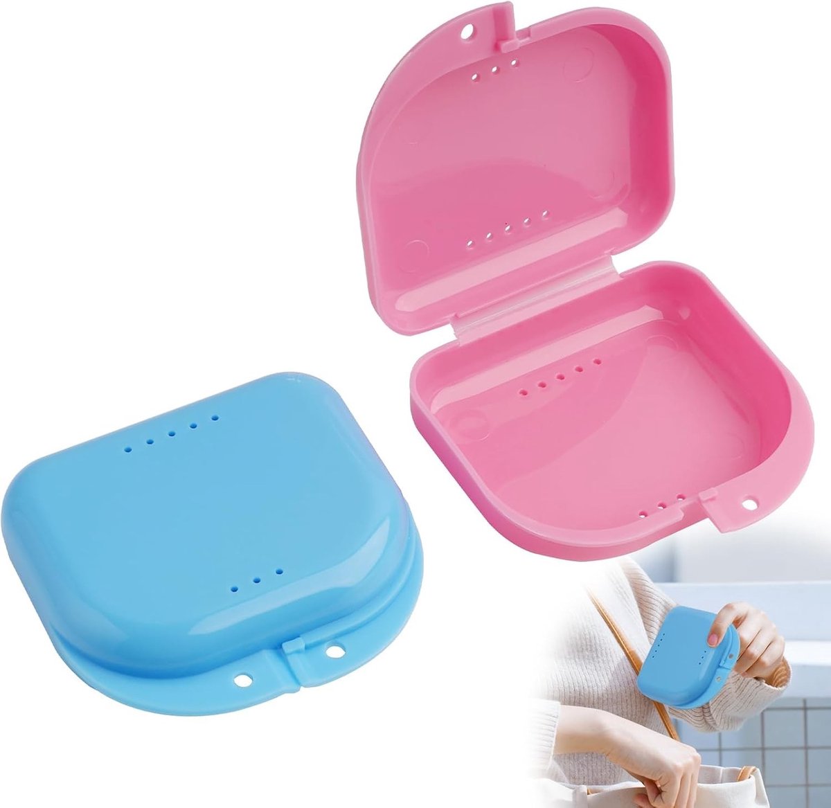 Set van 2 stevige beugels in roze en blauw, robuuste tandprothese doos voor dentale rails, knieën en beugels, waterdicht en hygiënisch met ventilatiegaten, ideaal voor reizen en dagelijks gebruik
