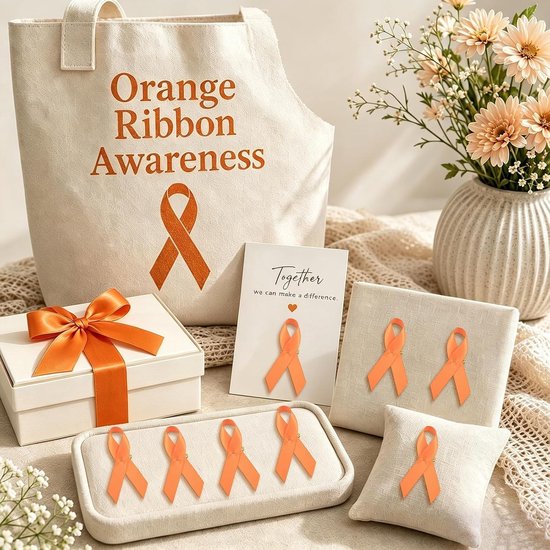 100 Stuks Satijn Ribbons Pins voor Kankerbewustzijn, Leukemie en Geweld - Oranje - 7.5 x 4 cm — afbeelding 3