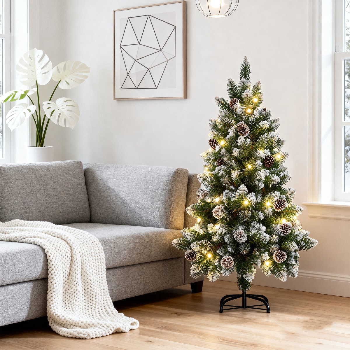 Kunstkerstboom 150 cm met LED Verlichting - Brandvertragend PVC - met Sneeuw en Dennenappels - Metalen Voet - Kerstdecoratie voor Huis en Etalage - NAIZY – foto 6
