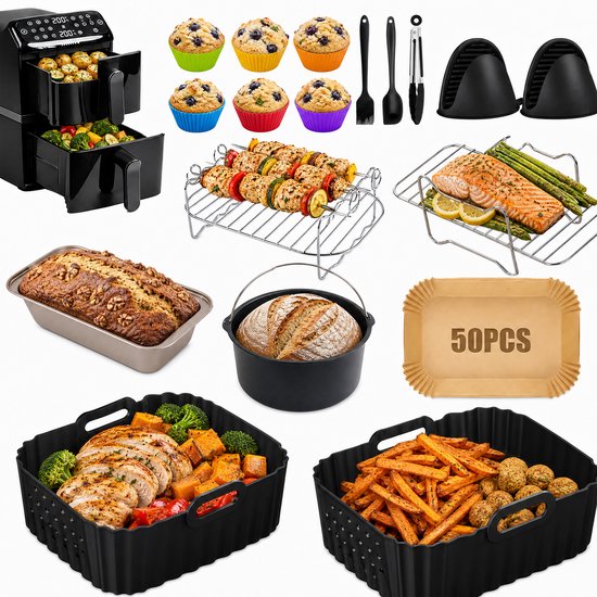 Compleet airfryer accessoirepakket met diverse manden, bakvorm, broodvorm, siliconen bakjes en meer.